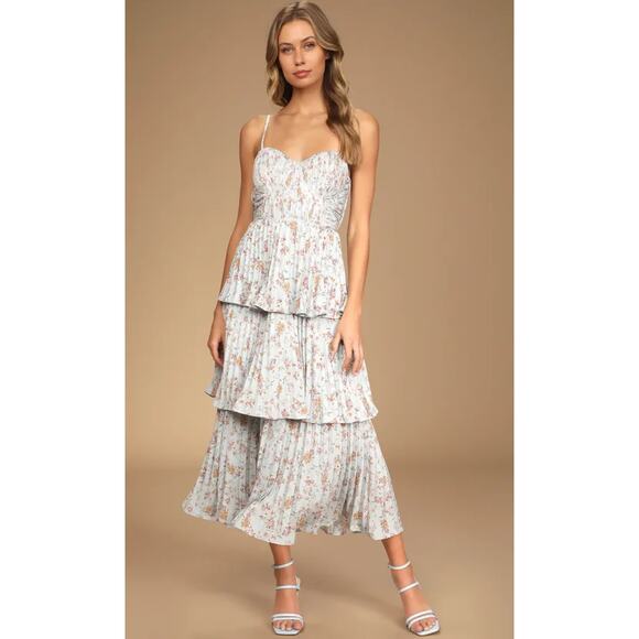 Lulus Cascading Crush Blue Floral Print Tiered Bustier Midi Dress Romantic Sz L - Picture 1 of 14
